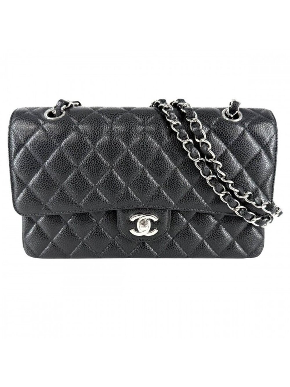 Chanel Shoulder Bag Quilted 25 Double Chain CC Logo Flap Crossbody Caviar